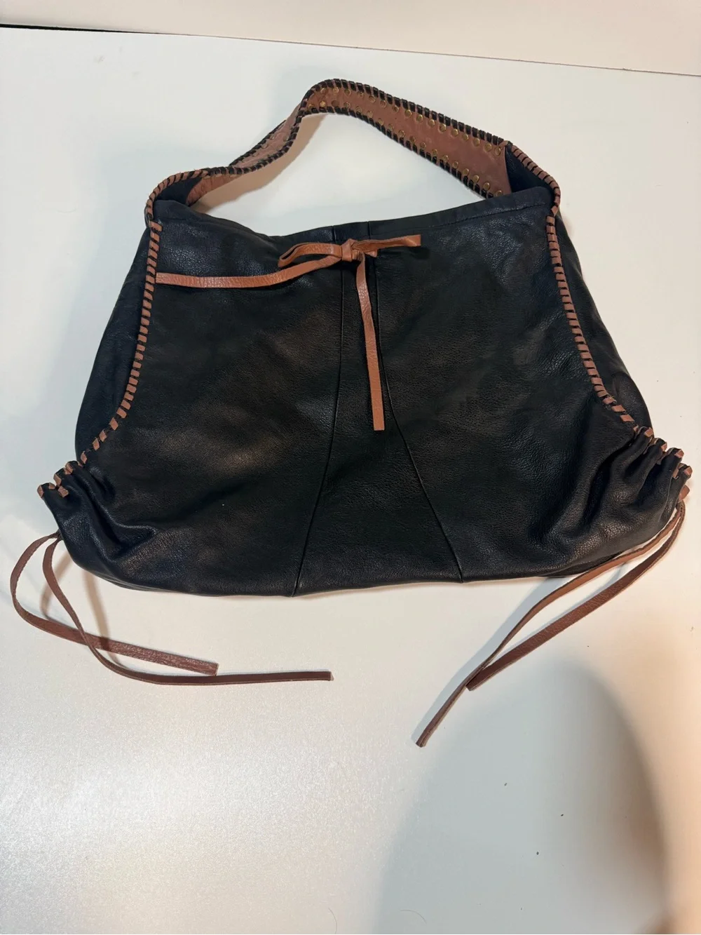 Muxo Black Leather Shoulder Hobo Bag with Brown Trim